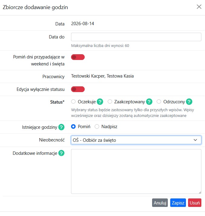 Formularz zbiorczego dodawania godzin w Registo z wybraną nieobecnością OŚ Odbiór za święto