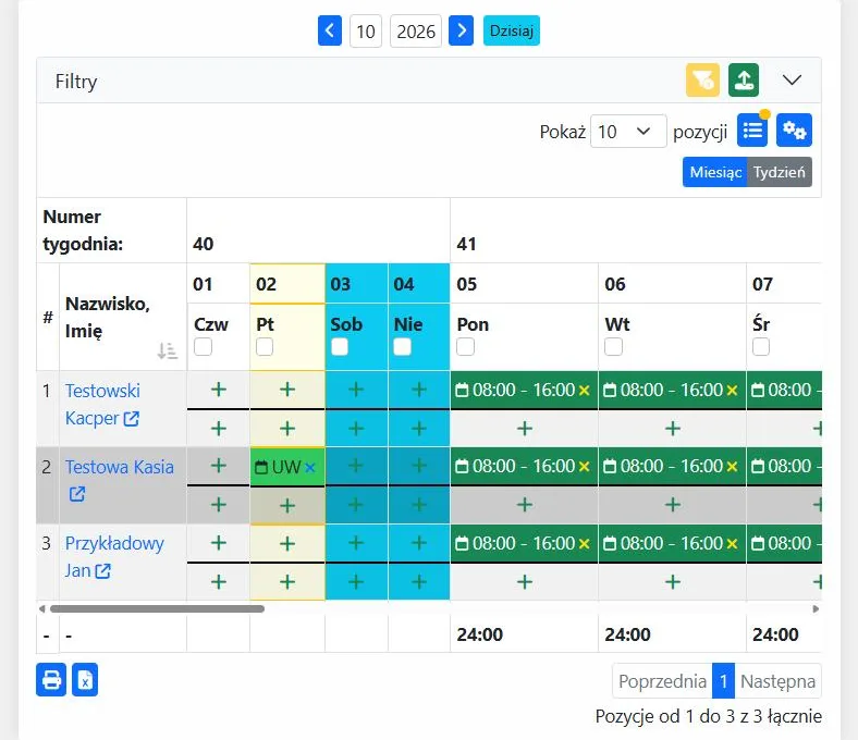 Grafik pracy w Registo – widok miesięczny z planem godzin i nieobecnością