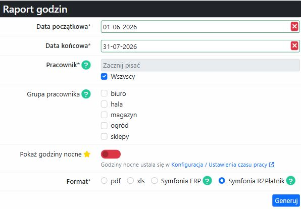Generowanie raportu godzin w formacie Symfonia