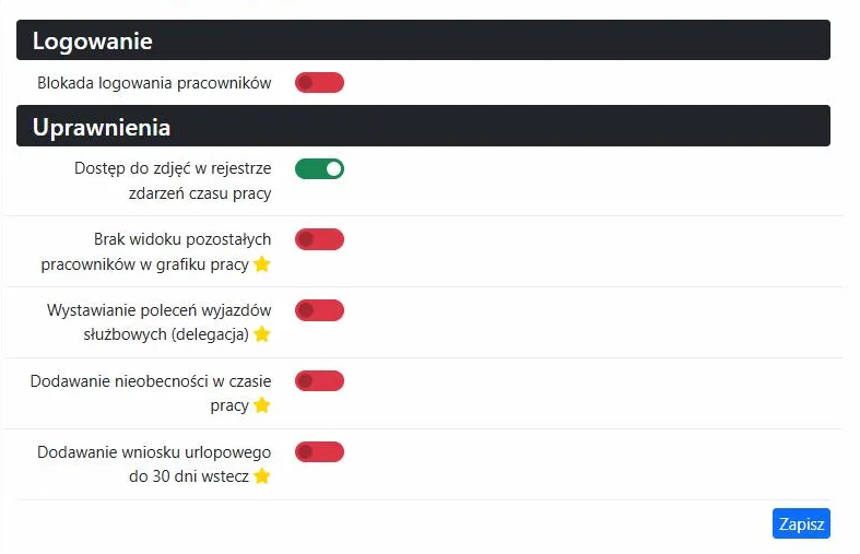 Konfiguracja pracownika: sekcje „Logowanie” i „Uprawnienia”