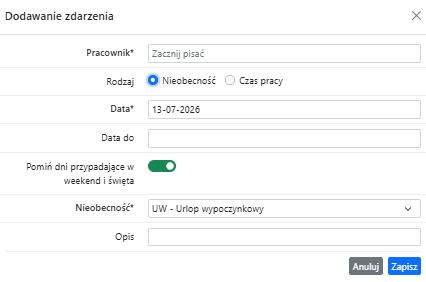 Formularz dodawania zdarzenia - rodzaj nieobecność