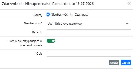 Uzupełniony formularz z kliknięcia w dzień