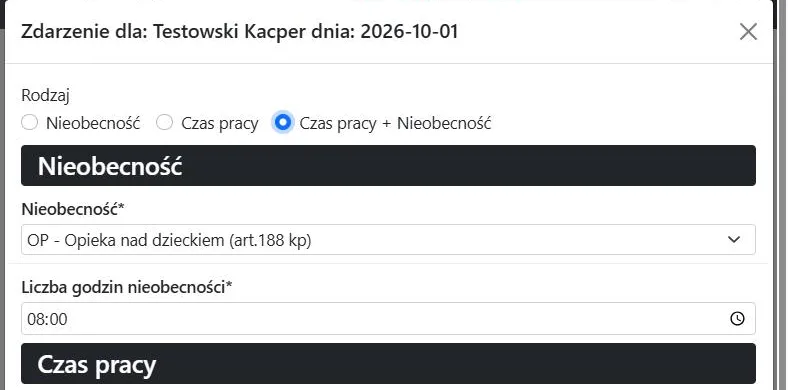 Formularz zdarzenia z rodzajem Czas pracy + Nieobecność oraz polem Liczba godzin nieobecności