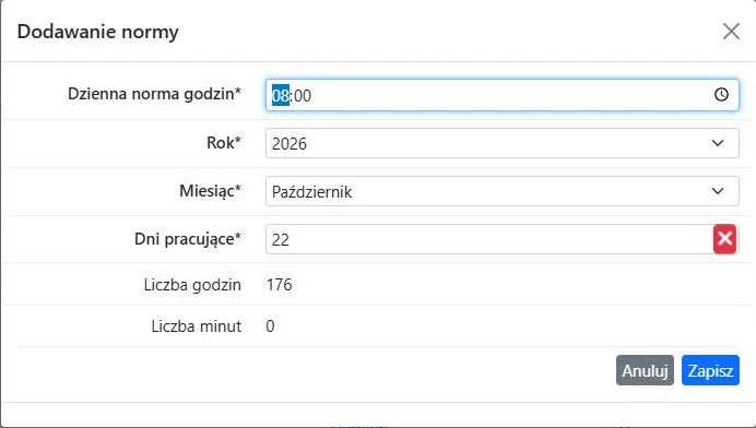 Formularz dodawania normy godzin