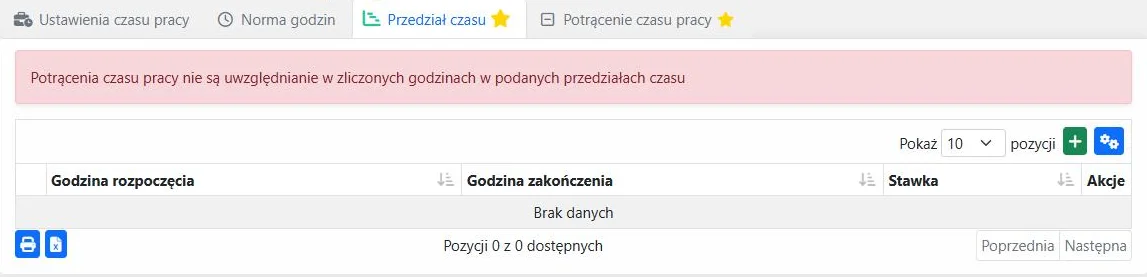 Lista przedziałów czasu: godzina rozpoczęcia, zakończenia i stawka