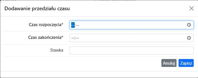 Formularz dodawania przedziału czasu