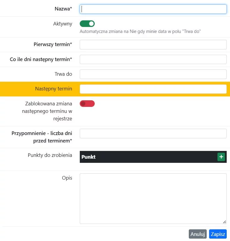 Ustawienia harmonogramu