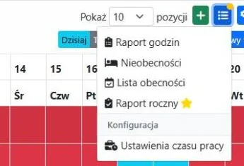 Skrót do raportu rocznego w menu nad listą czasu pracy