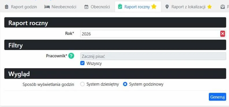 Formularz raportu rocznego: rok, pracownicy i sposób wyświetlania godzin