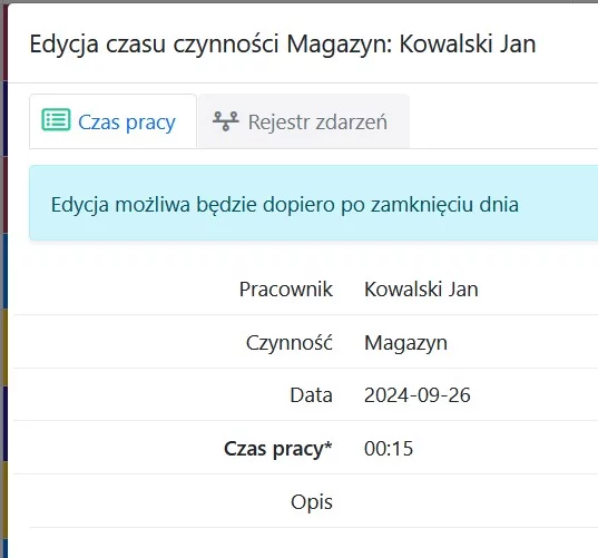 Rodzaj czynności/pracy pracownika