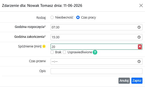 Formularz edycji zdarzenia czasu pracy z widocznym polem do ręcznego wpisania minut spóźnienia