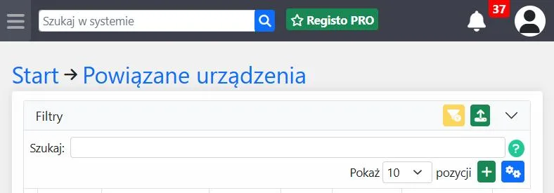 Lista powiązanych urządzeń w Registo z zielonym przyciskiem „+” do dodawania urządzenia