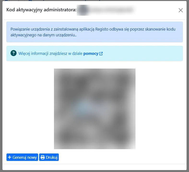 Okno Kod aktywacyjny administratora w Registo z kodem QR do aktywacji urządzenia (kod zamazany)
