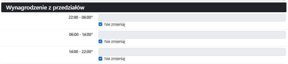 Sekcja określająca wynagrodzenie dla zdefiniowanych przedziałów czasowych np. 22:00-06:00