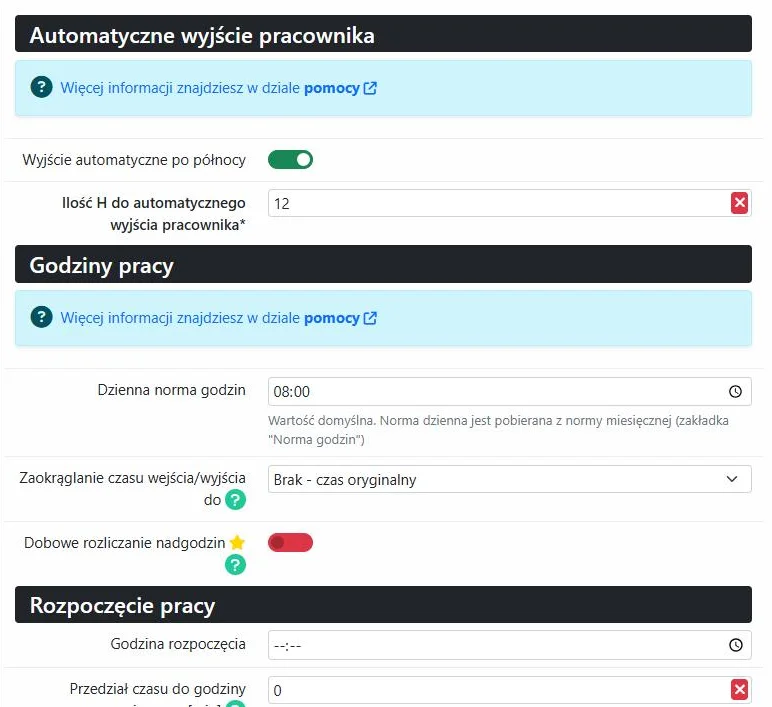 Ustawienia czasu pracy: automatyczne wyjście, godziny pracy, zaokrąglanie i nadgodziny