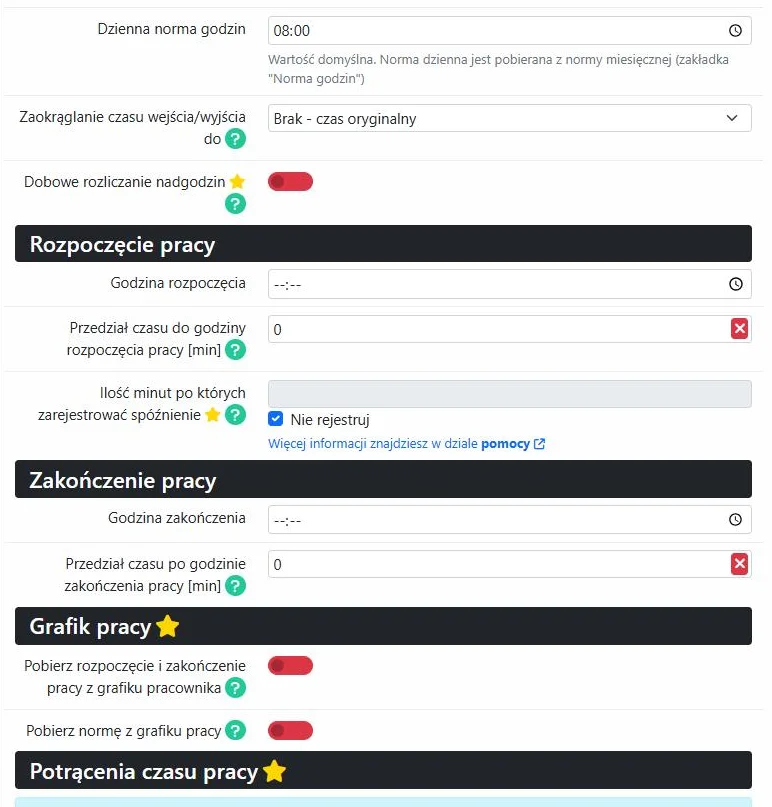 Ustawienia czasu pracy: rozpoczęcie i zakończenie pracy oraz grafik pracy