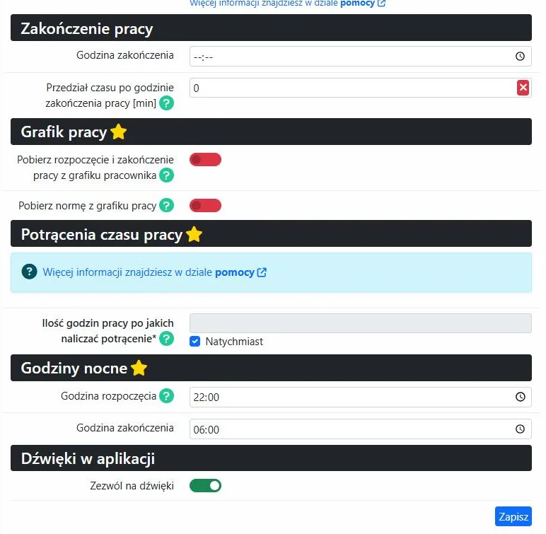 Ustawienia czasu pracy: potrącenia, godziny nocne i dźwięki w aplikacji