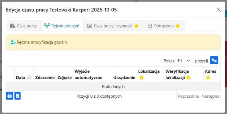 Zakładka Rejestr zdarzeń w oknie edycji