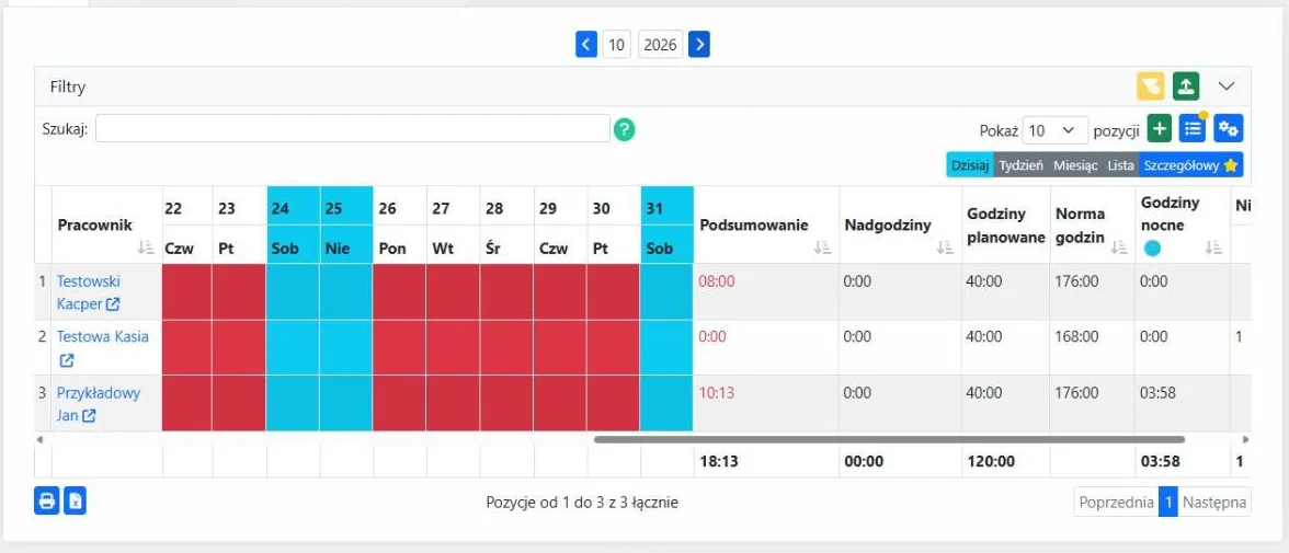 Kolumny podsumowania i wiersz sum pod tabelą