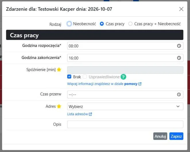 Dodawanie czasu pracy w pustej komórce