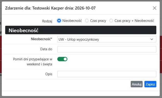 Dodawanie nieobecności w pustej komórce