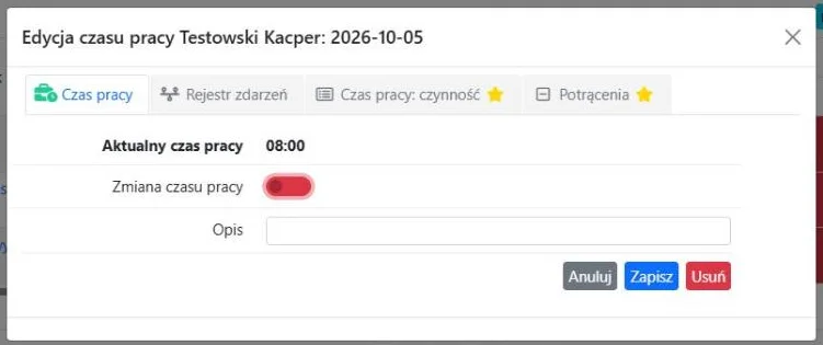Okno edycji czasu pracy