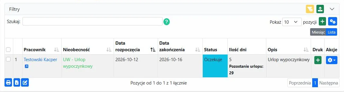 Lista wniosków urlopowych: pracownik, nieobecność, daty, status i liczba dni