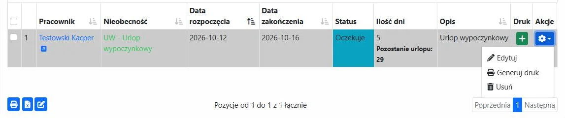 Menu „Akcje” przy wniosku: Edytuj, Generuj druk i Usuń
