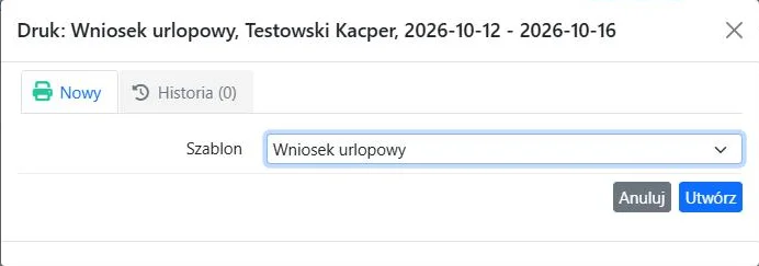 Okno wydruku wniosku urlopowego z wyborem szablonu
