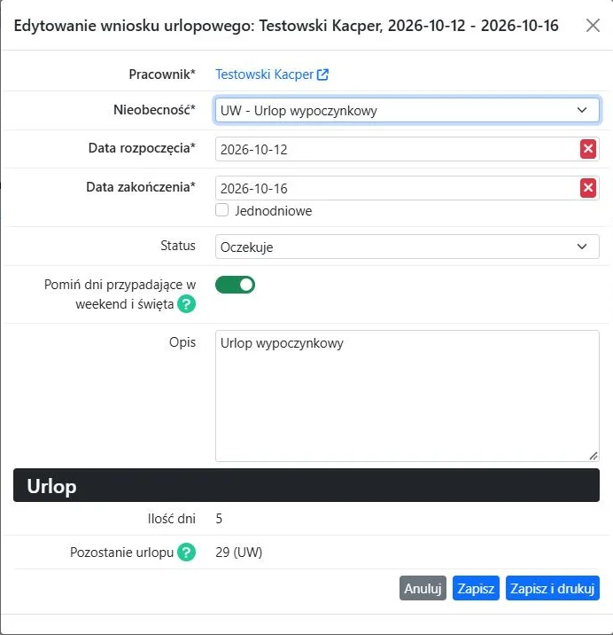 Okno edycji wniosku z sekcją „Urlop”