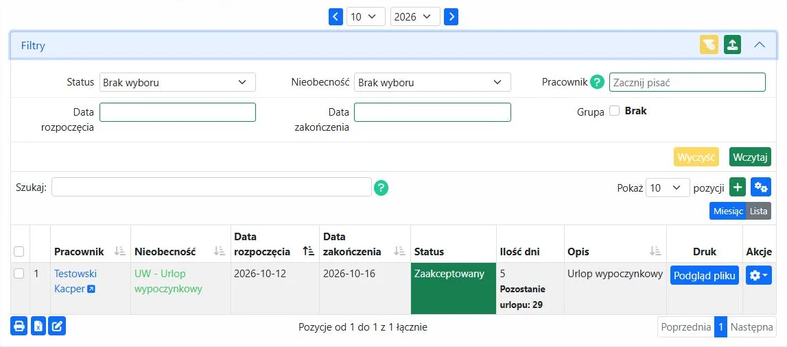 Filtry listy wniosków urlopowych