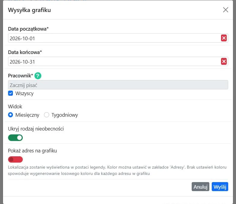 Okno Wysyłka grafiku w Registo – zakres dat, pracownicy, widok i opcje wyświetlania