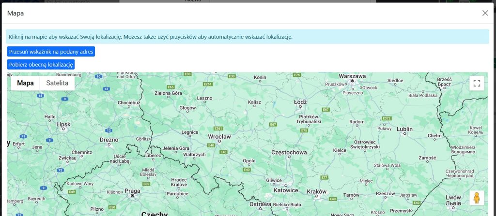 Okno z mapą i ustalaniem lokalizacji