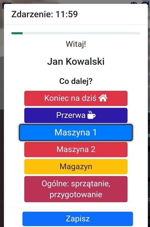 Wybór czynności pracy w aplikacji