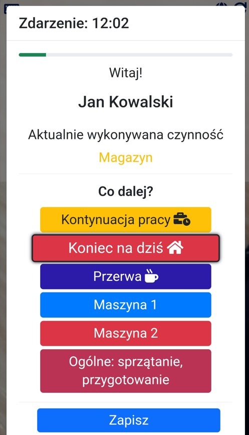 Wybór czynności pracy w aplikacji z kontynuacją pracy