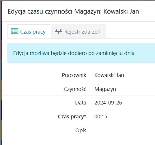 Zablokowany formularz edycji czasu pracy czynności