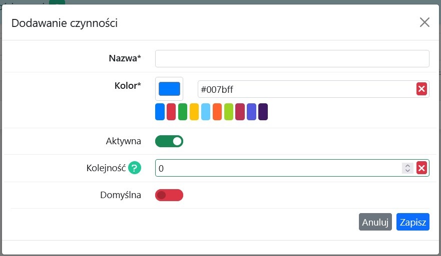 Formularz dodawania czynności/rodzaju pracy